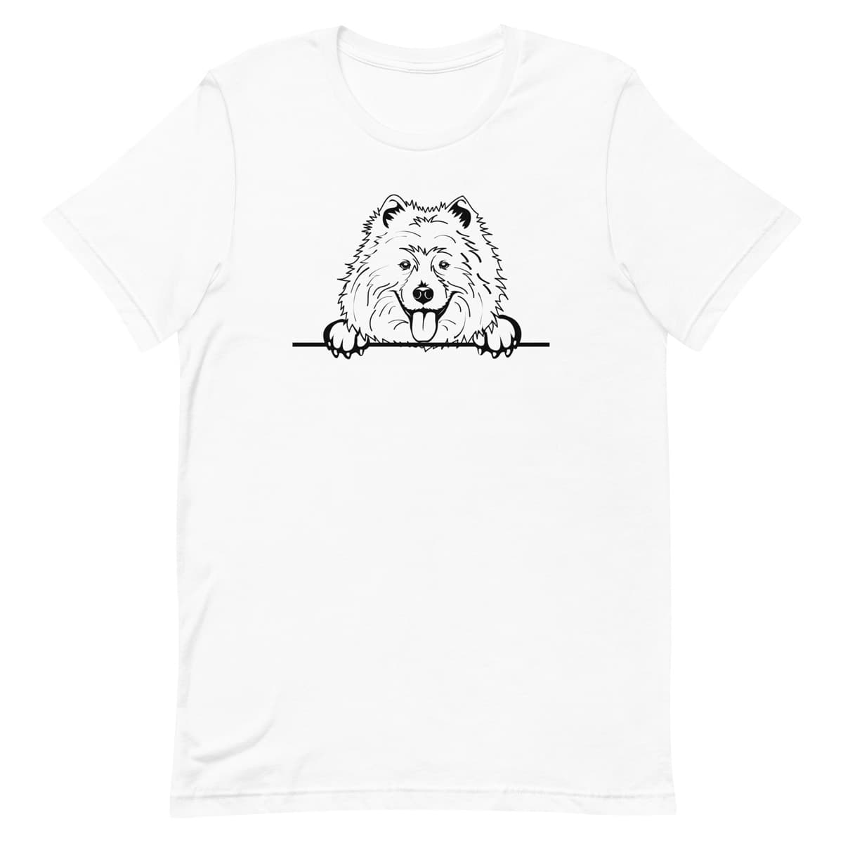 White crew neck short sleeved t-shirt. Showcases a vibrant Samoyed dog face hand-drawn graphic, resting its paws on a table.