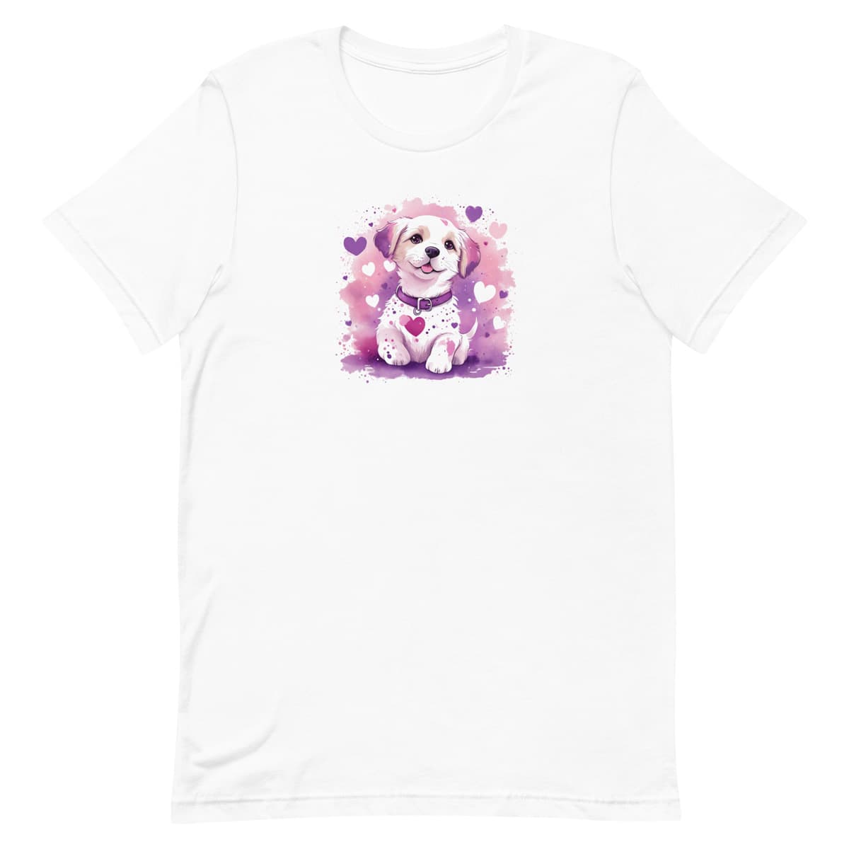 White crew neck short sleeved t-shirt. Feature an adorable puppy, bursting of vibrant purples and pinks, a artistry wearable work of art.
