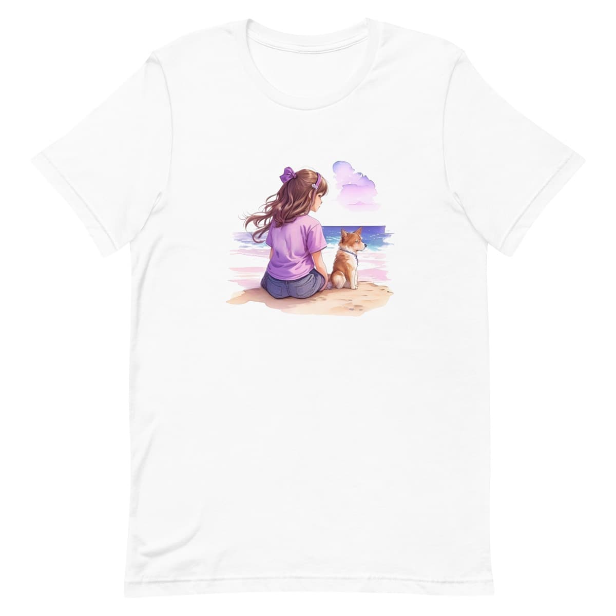 White crew neck short sleeved t-shirt, featuring a vivid hand-drawn puppy and a girl sharing a moment on a beach, surrounded by dark reds, purples, and pinks on a pristine white background