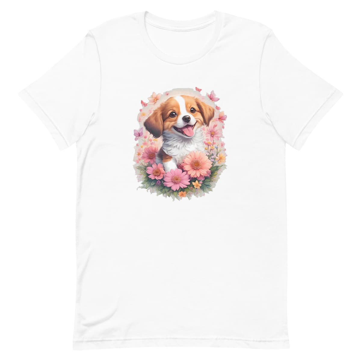 White crew neck short sleeved t-shirt, feature an adorable Shep puppy, nestled within a wicker basket brimming with a vibrant floral symphony and playful butterflies.