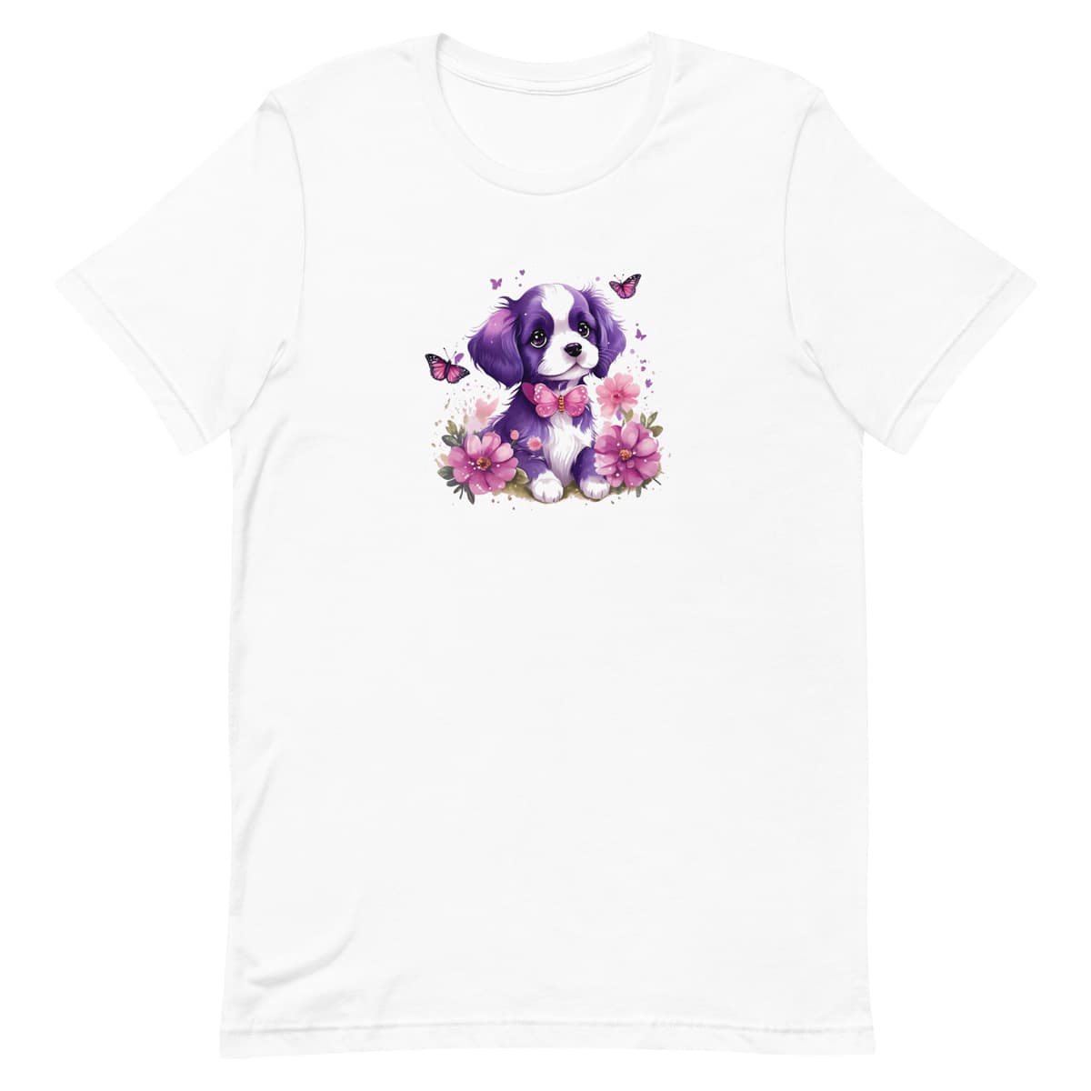 White crew neck short sleeved t-shirt, Showcases a cute puppy nestled amidst a wicker-basket bouquet, surrounded by blossoms and butterflies.