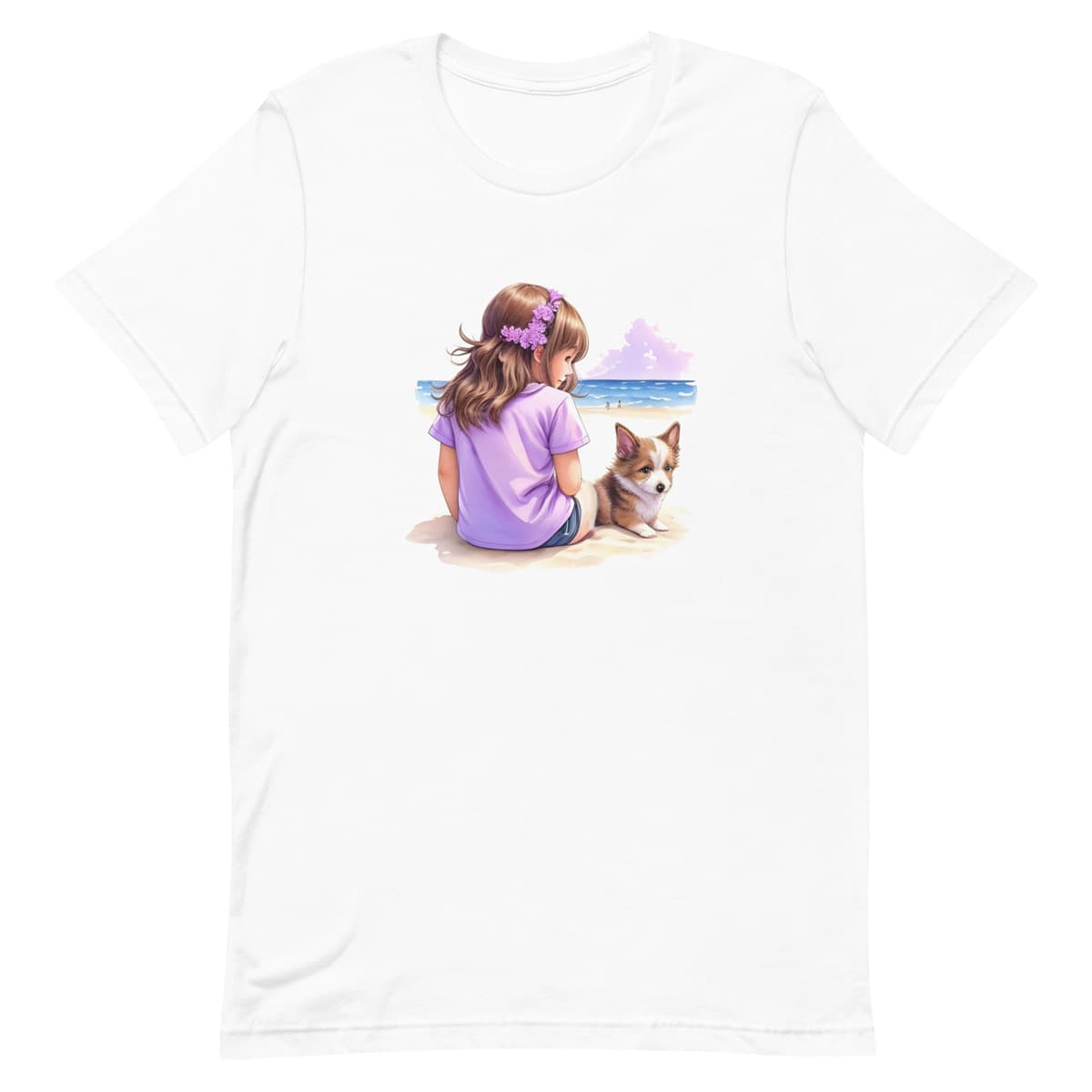 White crew neck short sleeved t-shirt, featuring a lively print of a cute puppy and a girl basking in beach-side bliss.