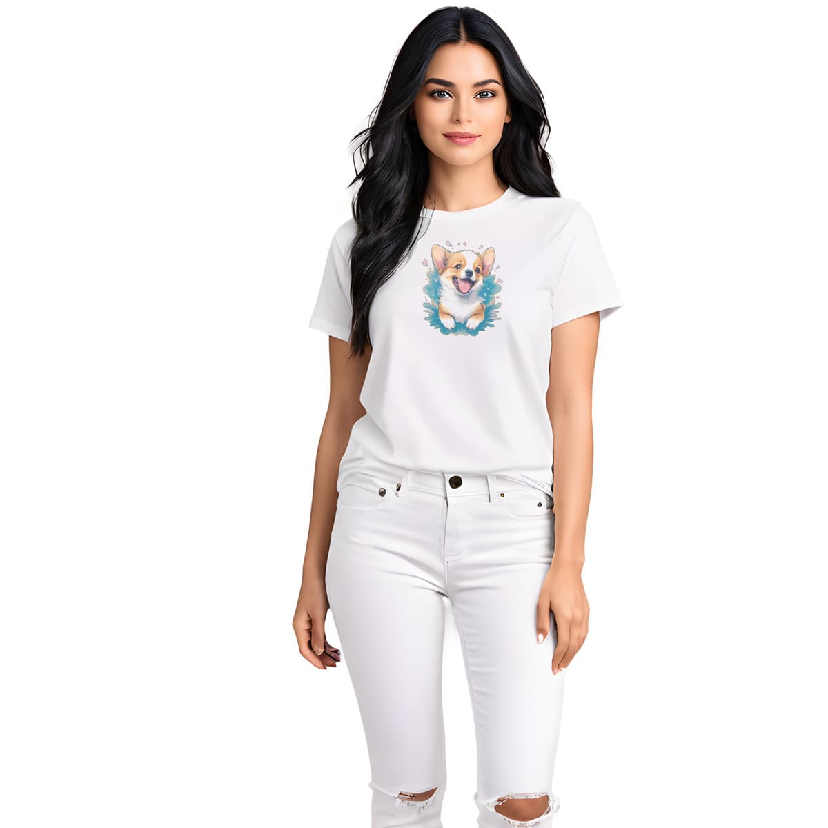 White crew neck short sleeved t-shirt, boasts an intricate and colorful cute Corgi puppy, nestle in floral garden. Female model shown in close-up to highlight print and fit.