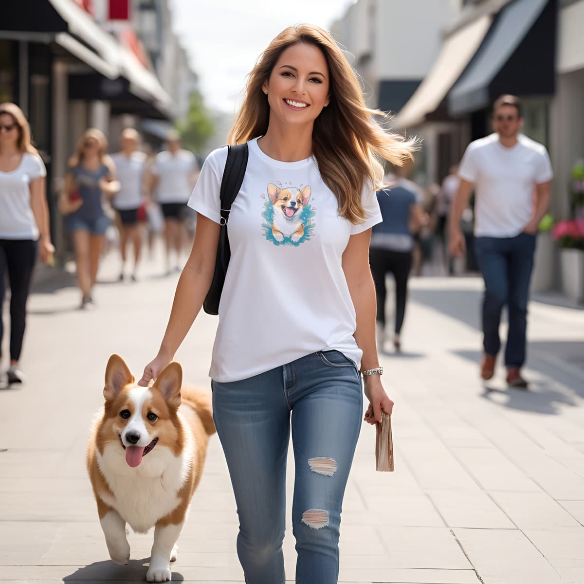 Women walking at a pedestrian street, with a corgi dog. She is wearing a white crew neck short sleeved t-shirt, boasts an intricate and colorful cute Corgi puppy, nestle in floral garden.