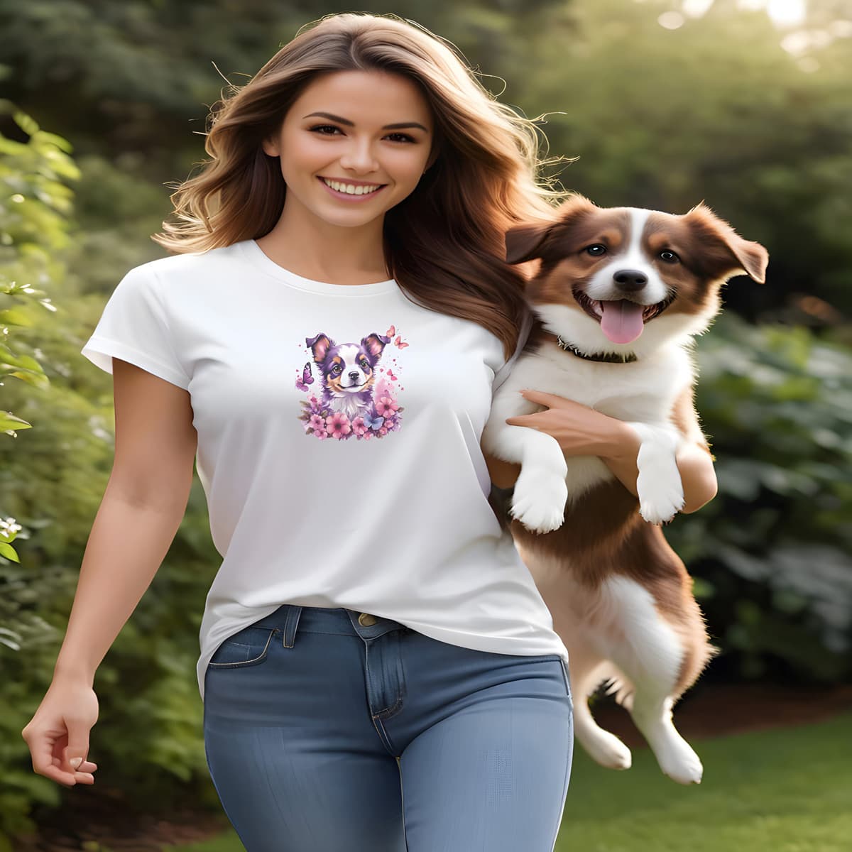 Women standing outdoor, holding a puppy. She is wearing a white crew neck short sleeved t-shirt, showcases a puppy face, nestled amidst a lush floral arrangement within a wicker basket. fun enjoy sun
