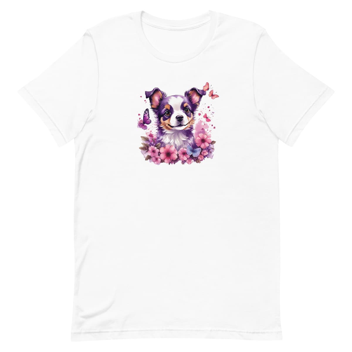White crew neck short sleeved t-shirt, showcases a puppy face, nestled amidst a lush floral arrangement within a wicker basket.