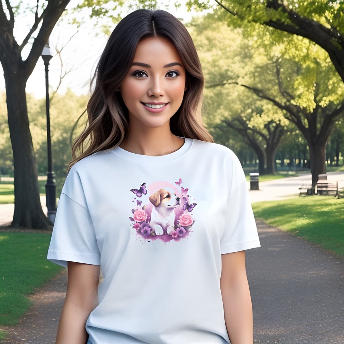 Women standing in a park, wearing a white crew neck short sleeved t-shirt, showcase an adorable puppy nestled amidst a vibrant floral basket.