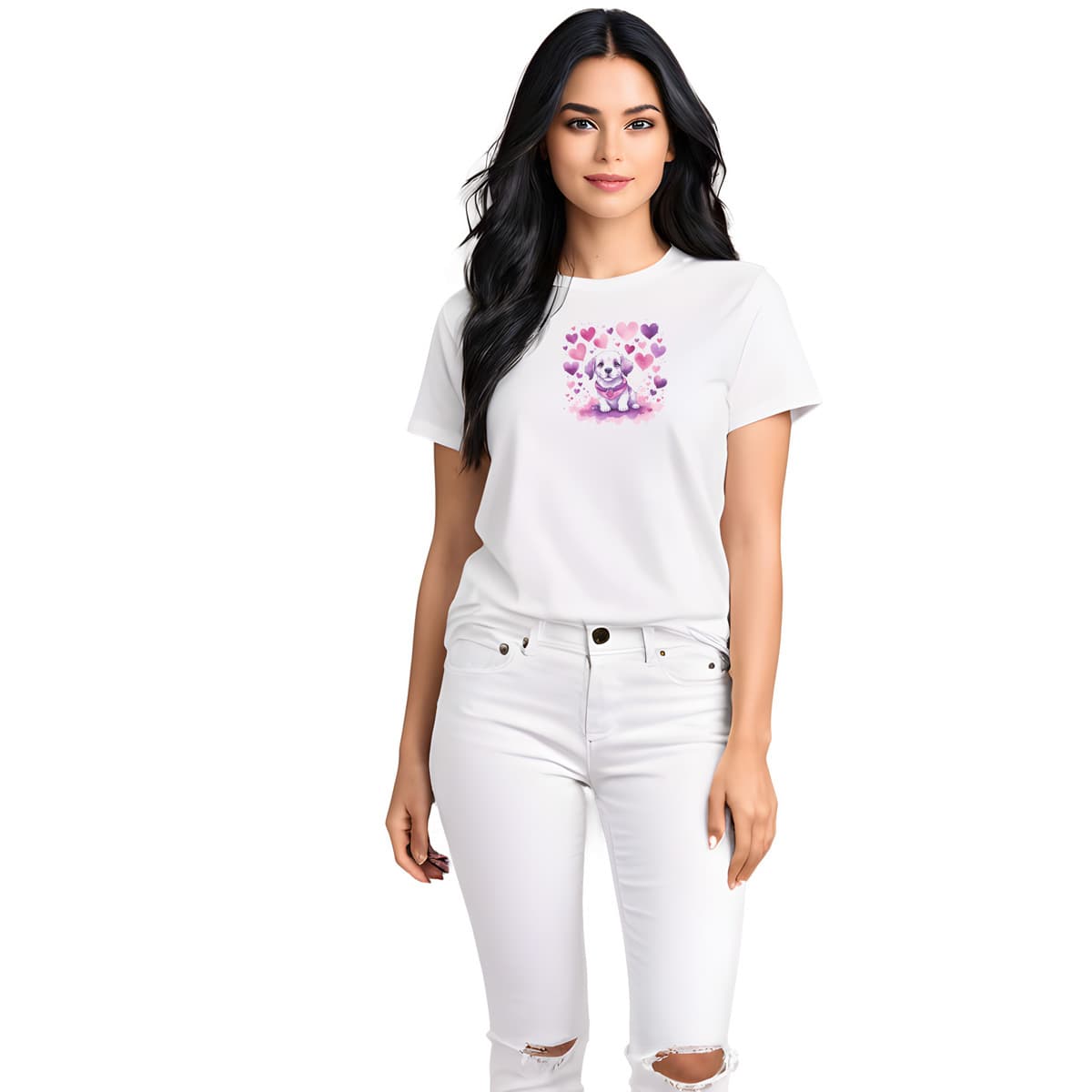 White crew neck short sleeved t-shirt. This cute shirt, radiate off colorful hearts, and a standing happy puppy in warmth toned palette. Female model shown in close-up to highlight print and fit.