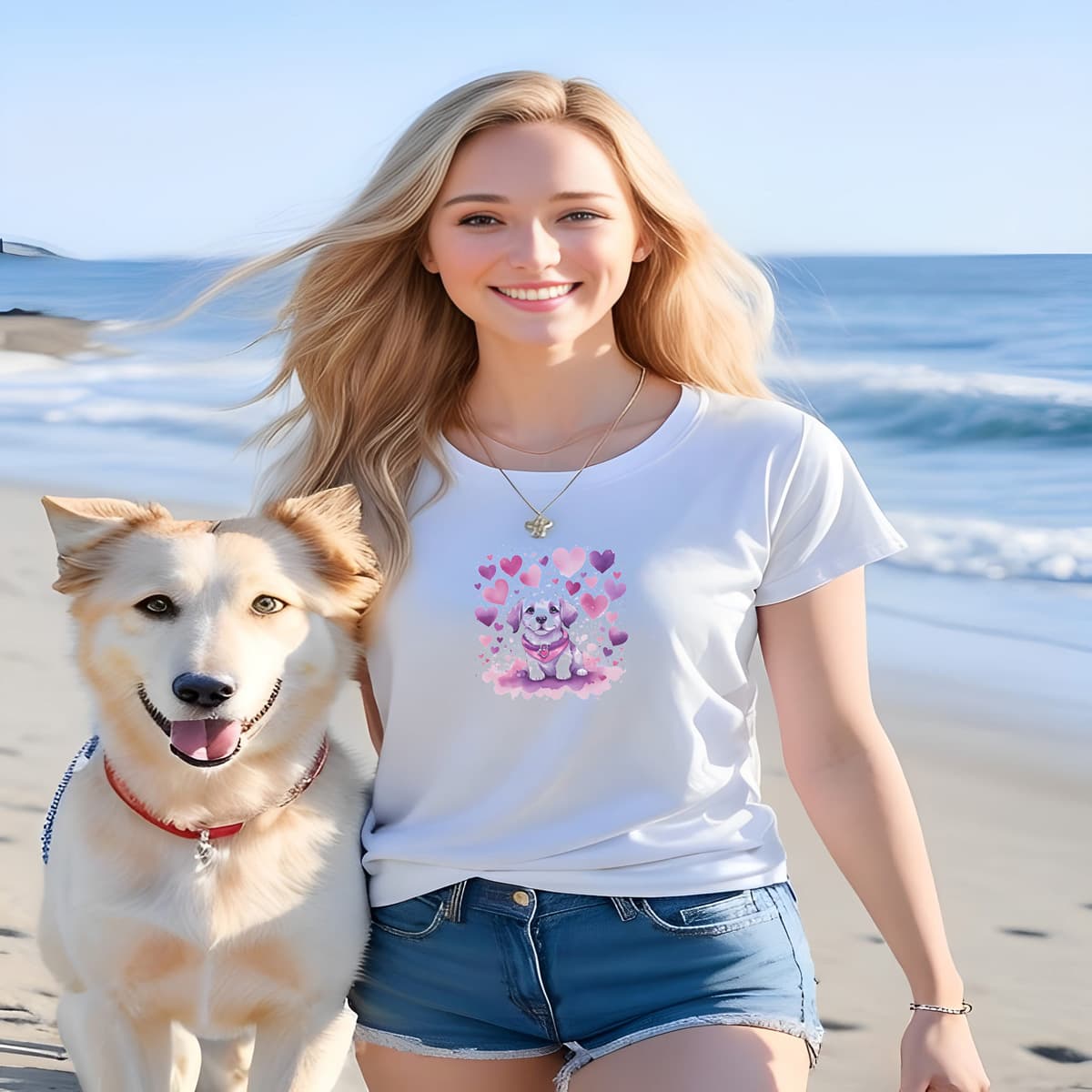 Women walking at a beach, with a dog. She is wearing a white crew neck short sleeved t-shirt. This cute shirt, radiates colorful hearts, and a standing happy puppy in warmth toned palette.
