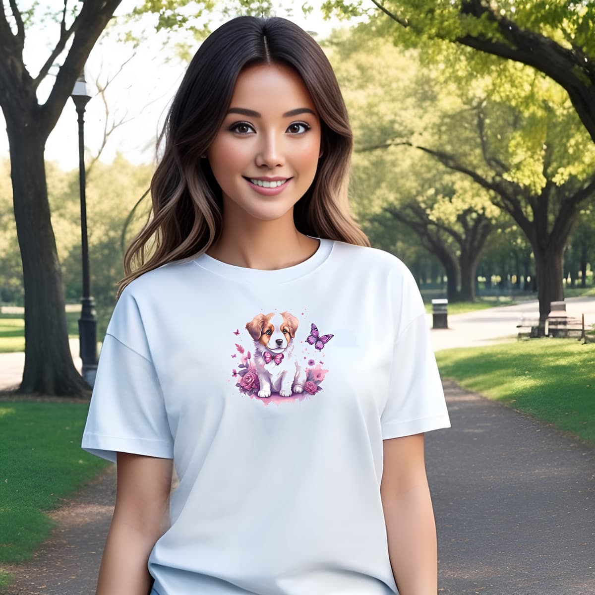 Women standing in a park, wearing a white crew neck short sleeved t-shirt, Feature an adorable puppy nestled within a vibrant floral tapestry.