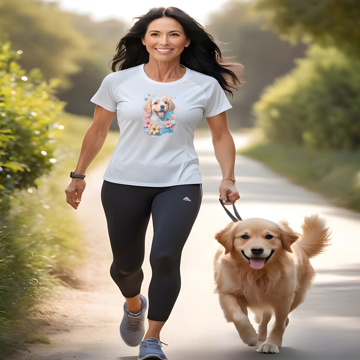 Women jogging, with a golden retriever. She is wearing a white crew neck short sleeved t-shirt, Feature a happy Golden Retriever puppy dog face, with a delight colorful floral wreath wrapping around.