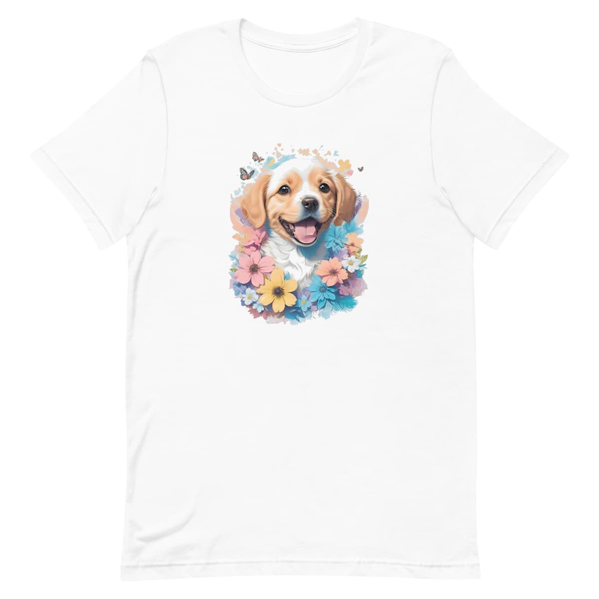 White crew neck short sleeved t-shirt, Feature a happy Golden Retriever puppy dog face, with a delight colorful floral wreath wrapping around.