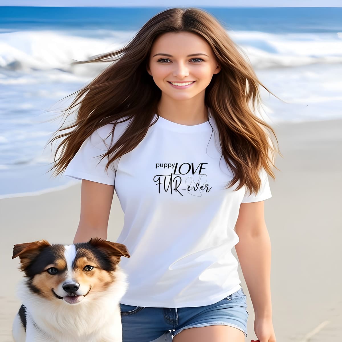 Women walking at a beach with a dog. She is wearing a white crew neck short sleeved t-shirt, feature a message "puppy love fur-ever" underlined with a dog pawe