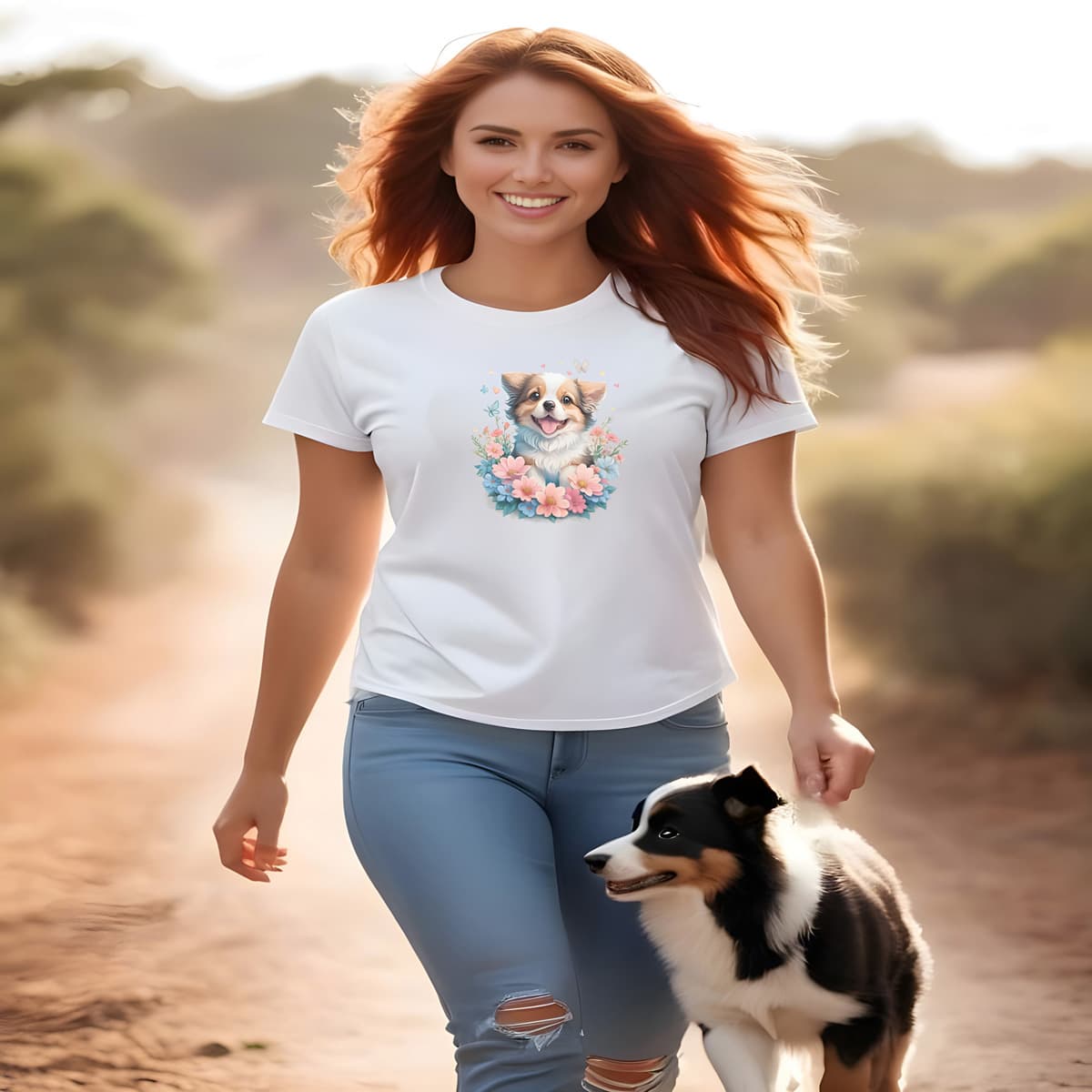 Women walking outside, with a dog, she is wearing a white crew neck short sleeved t-shirt, showcases an Australian shepherd puppy, radiating cuteness like the sun's embrace, nestled amidst a blossoming floral fiesta within a wicker embrace. Relax, country side outback