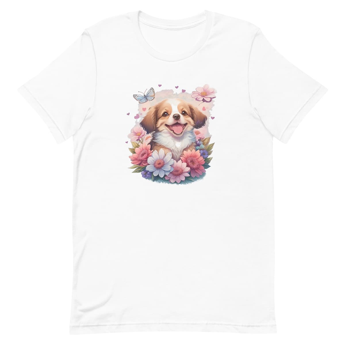 White crew neck short sleeved t-shirt, feature an intricate colorful hand-drawn lively shepherd puppy amidst a blooming wicker floral basket garden.