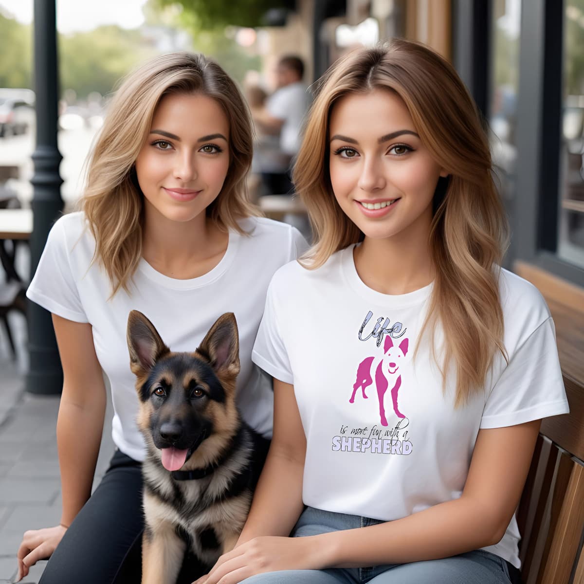 Two you8ng women, sitting at a cafe, with a cute German shepherd puppy between them. The females are wearing both a white crew neck short sleeved t-shirt. Feature a cute German Shepherd puppy silhouette with a fun message "life is more fun with a Shepherd"in pink and purple shades.T-shirt hanging on chair shown in close-up to highlight print and size