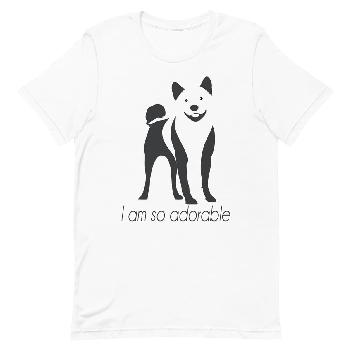 White crew neck short sleeved t-shirt, featuring a hand-drawn black and white one-line graphic print silhouette of an adorable Shiba Inu with its tongue out. The text "I am so adorable" underneath the dog .