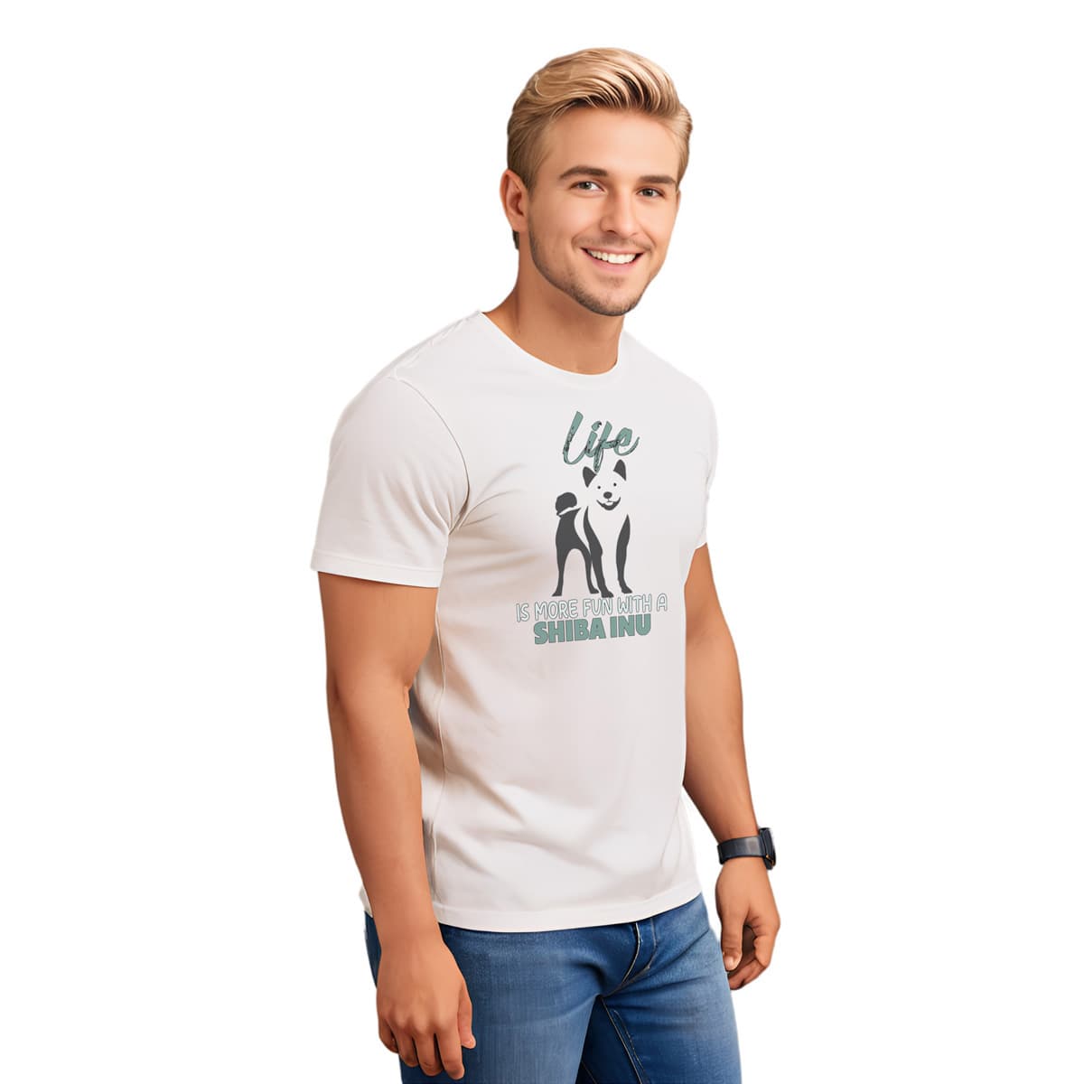 White unisex short sleeved cotton t-shirt worn by male model, showing Shiba Inu silhouette and “Life is more fun with a Shiba Inu” quote printed across the chest.