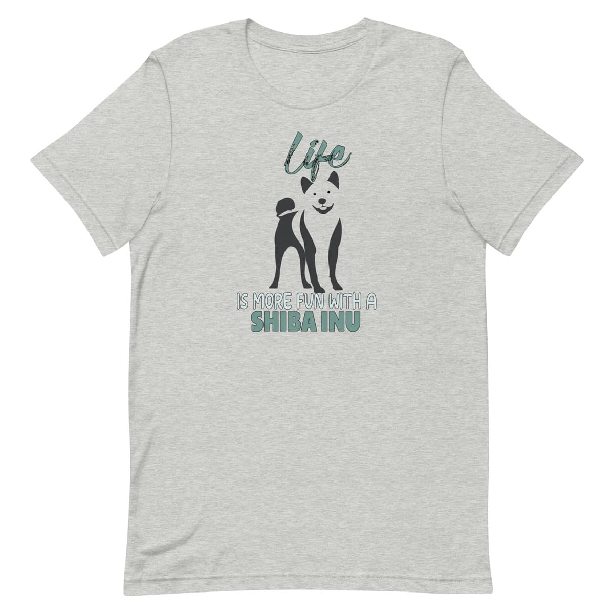Gray unisex short sleeved cotton t-shirt, showing Shiba Inu silhouette and “Life is more fun with a Shiba Inu” quote printed across the chest.