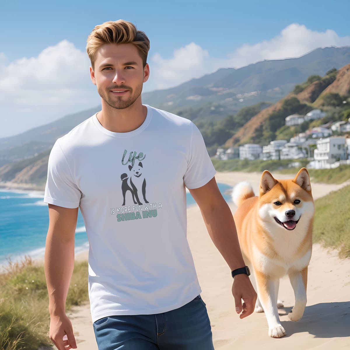 Man wearing white short sleeved crew neck t-shirt features a playful Shiba Inu silhouette paired with the feel-good quote, “Life is more fun with a Shiba Inu walks along sandy beach with his Shiba Inu. Relaxed, joyful pet lover lifestyle moment.