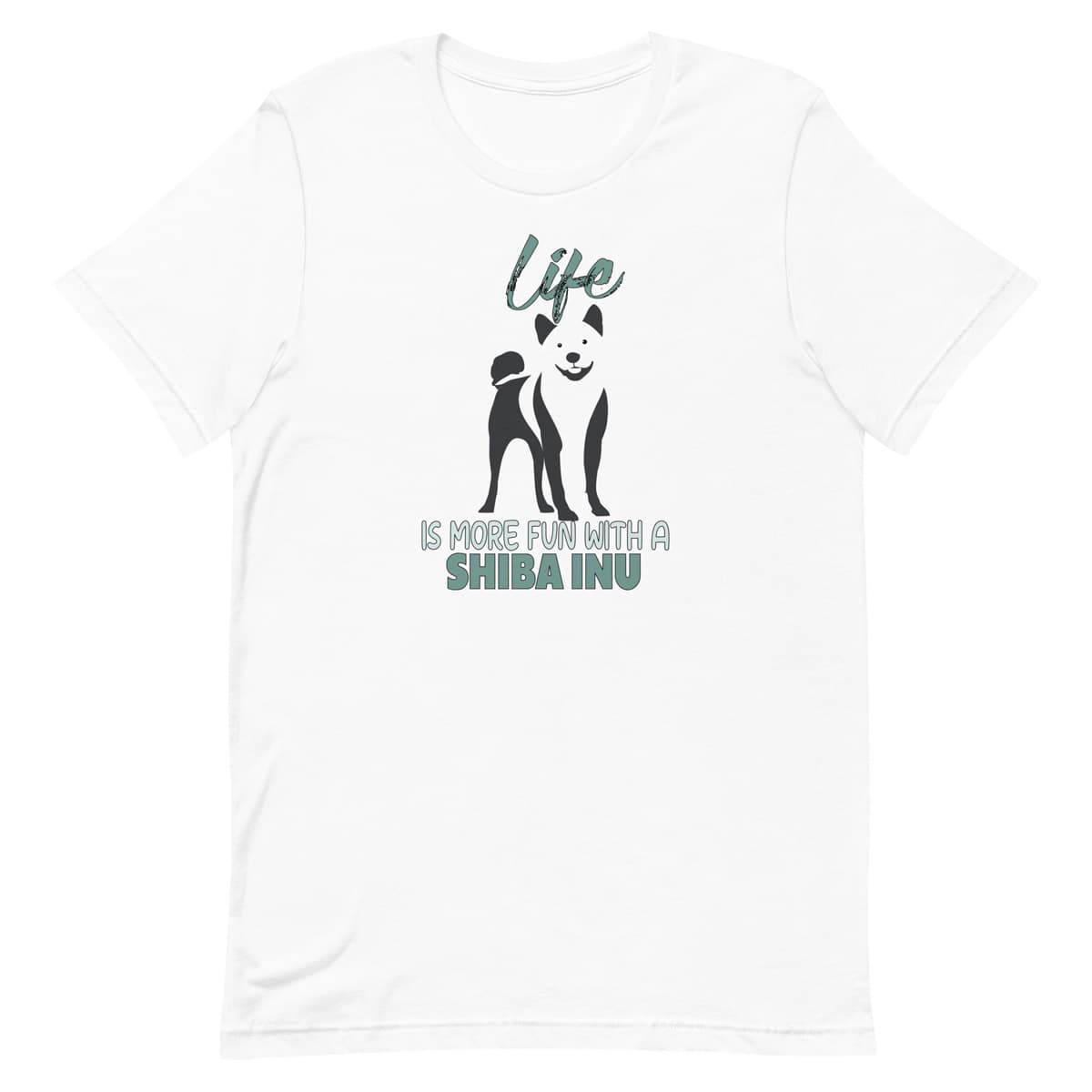 White unisex short sleeved cotton t-shirt showing Shiba Inu silhouette and “Life is more fun with a Shiba Inu” quote printed across the chest.