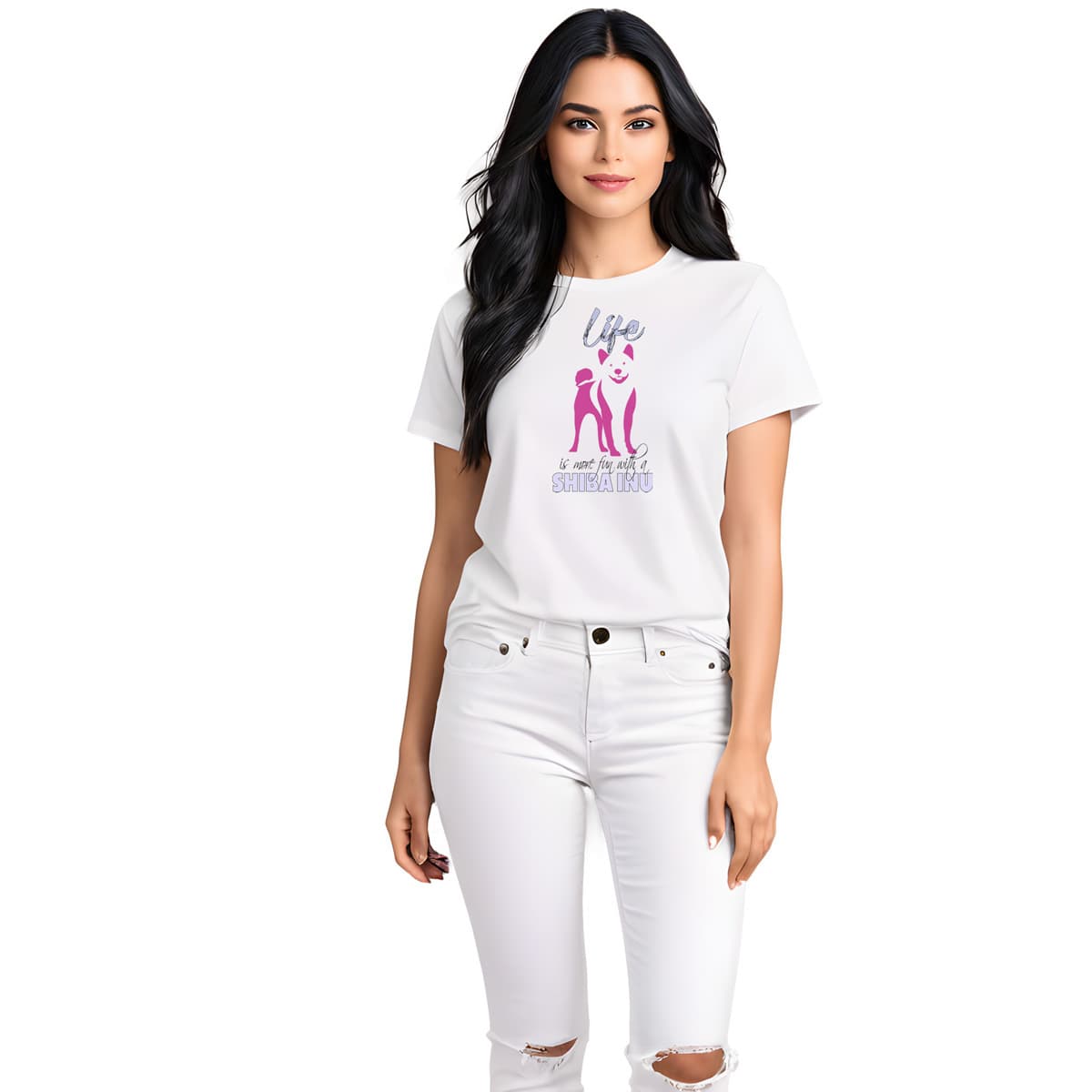 White crew neck short sleeved t-shirt. Feature a cute Shiba Inu pink and purple silhouette with a fun message "life is more fun with a Shiba”. Female model shown in close-up to highlight print and fit.
