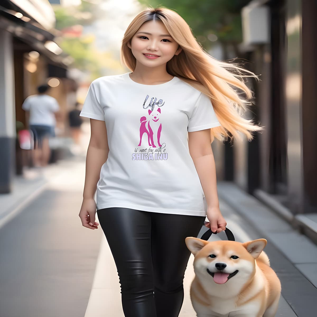 Young woman walking in a pedestrian street, with a Shin Inu in leash. She is wearing a white crew neck short sleeved t-shirt. Feature a cute Shiba Inu pink and purple silhouette with a fun message "life is more fun with a Shiba”