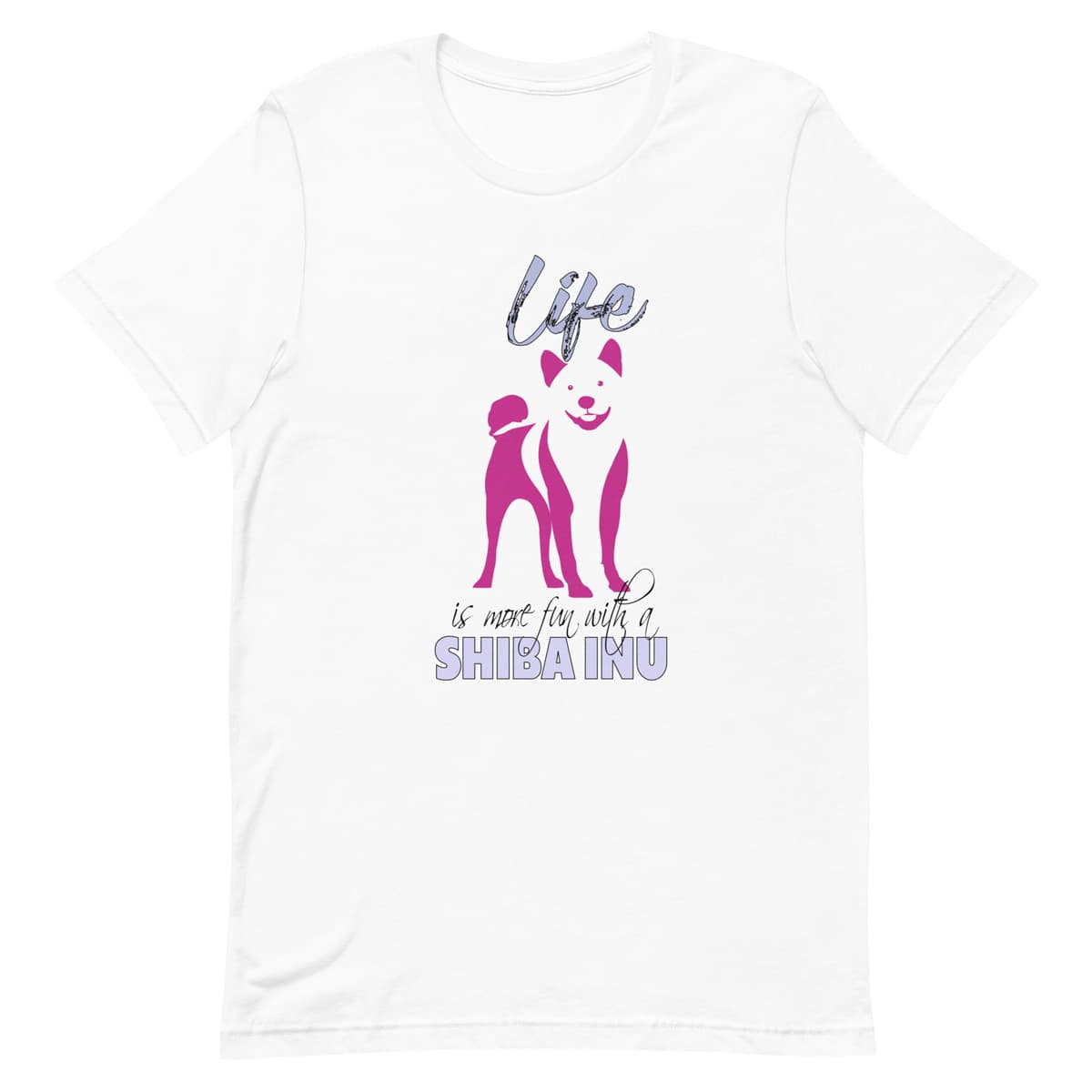 White crew neck short sleeved t-shirt. Feature a cute Shiba Inu pink and purple silhouette with a fun message "life is more fun with a Shiba”