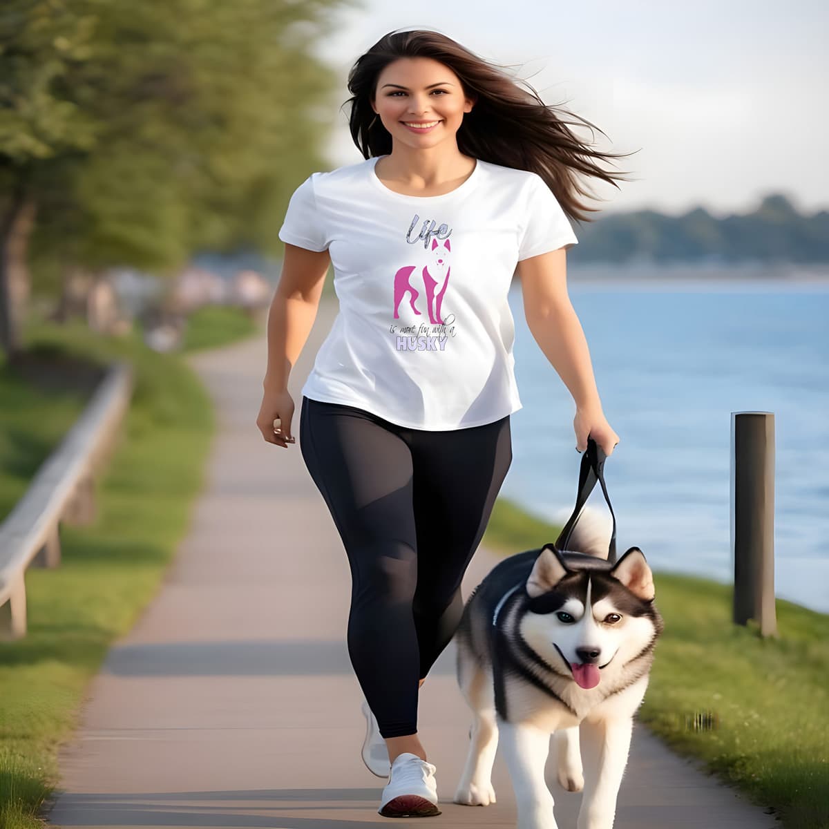 Women jogging along a lake, with a Husky in leash. She is wearing a white crew neck short sleeved t-shirt. Featuring an adorable Siberian Husky silhouette in cute pink, the tee also boasts a bold "Life" message and empowering "is more fun with a Husky" phrase.