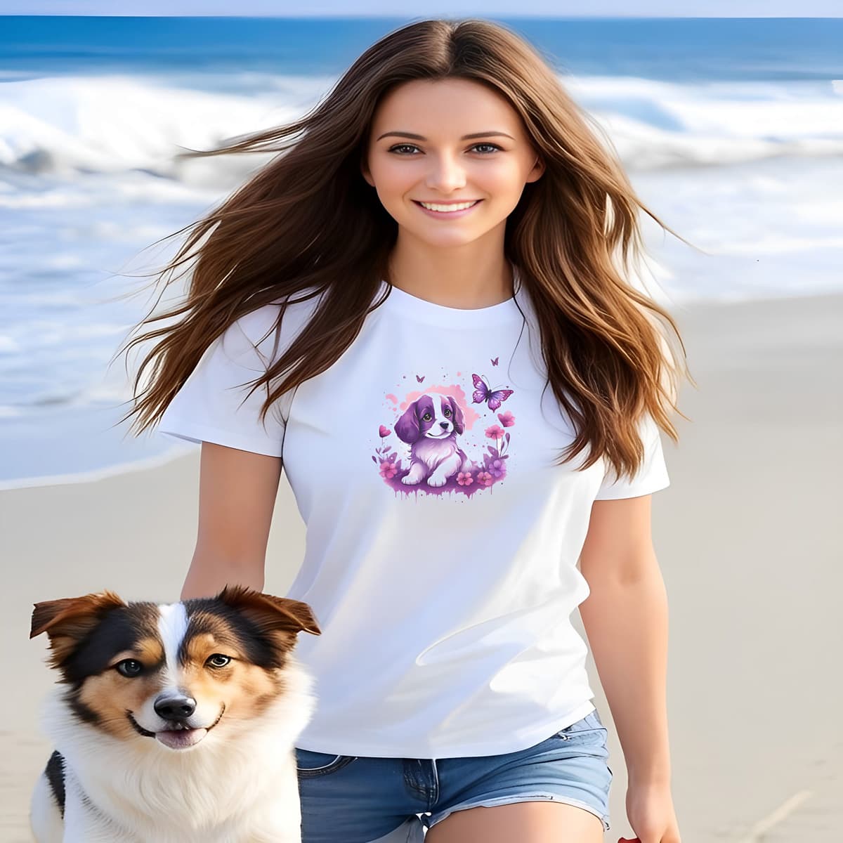 Women walking at a beach, with a dog. She is wearing a white crew neck short sleeved t-shirt, feature an Spaniel puppy, frolicking amidst a kaleidoscope of blooms in a charming wicker basket.