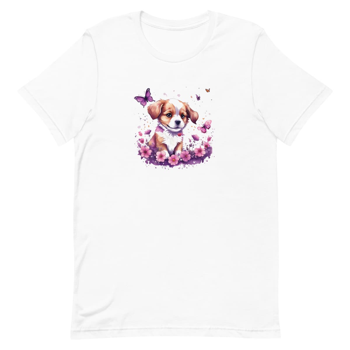 White crew neck short sleeved t-shirt, Showcases a vibrant Spaniel puppy, nestled amidst a floral wonderland within a quaint wicker basket, bursting with purples and pinks.