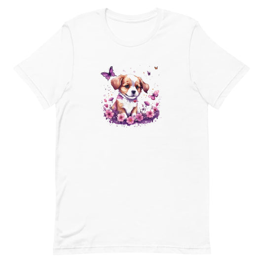 White crew neck short sleeved t-shirt, Showcases a vibrant Spaniel puppy, nestled amidst a floral wonderland within a quaint wicker basket, bursting with purples and pinks.