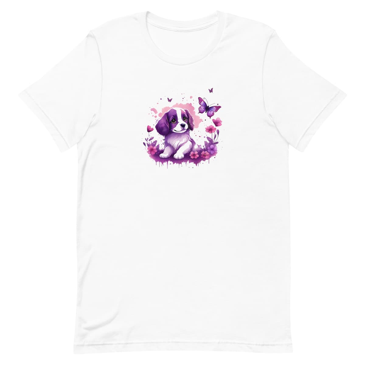 White crew neck short sleeved t-shirt, feature an Spaniel puppy, the epitome of adorable, frolicking amidst a kaleidoscope of blooms in a charming wicker basket.