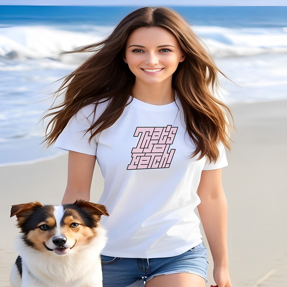 Women walking at a beach, with a dog. She is wearing a white crew neck short sleeved t-shirt, feature a 3D graphic design in black and pink with a message "That´s so fetch across chest”