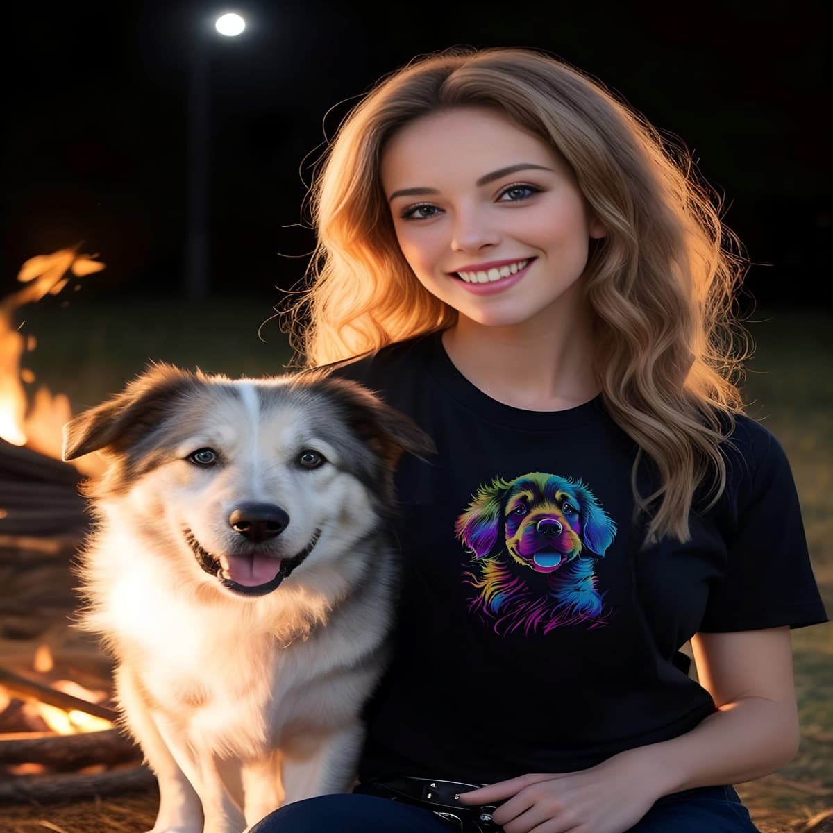 Woman sitting at fireplace with her dog, wearing a Black crew neck short sleeved t-shirt, feature a graphic vibrant colorful hand-drawn dog face of a Cavalier King Charles spaniel Puppy face in vibrant neon palette.