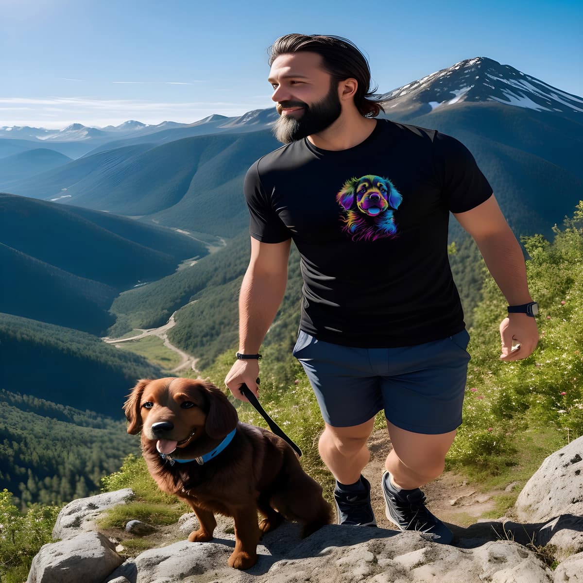 Man walking in the mountains, together with his spaniel dog, wearing a Black crew neck short sleeved t-shirt, feature a graphic vibrant colorful hand-drawn dog face of a Cavalier King Charles spaniel Puppy face in vibrant neon palette.