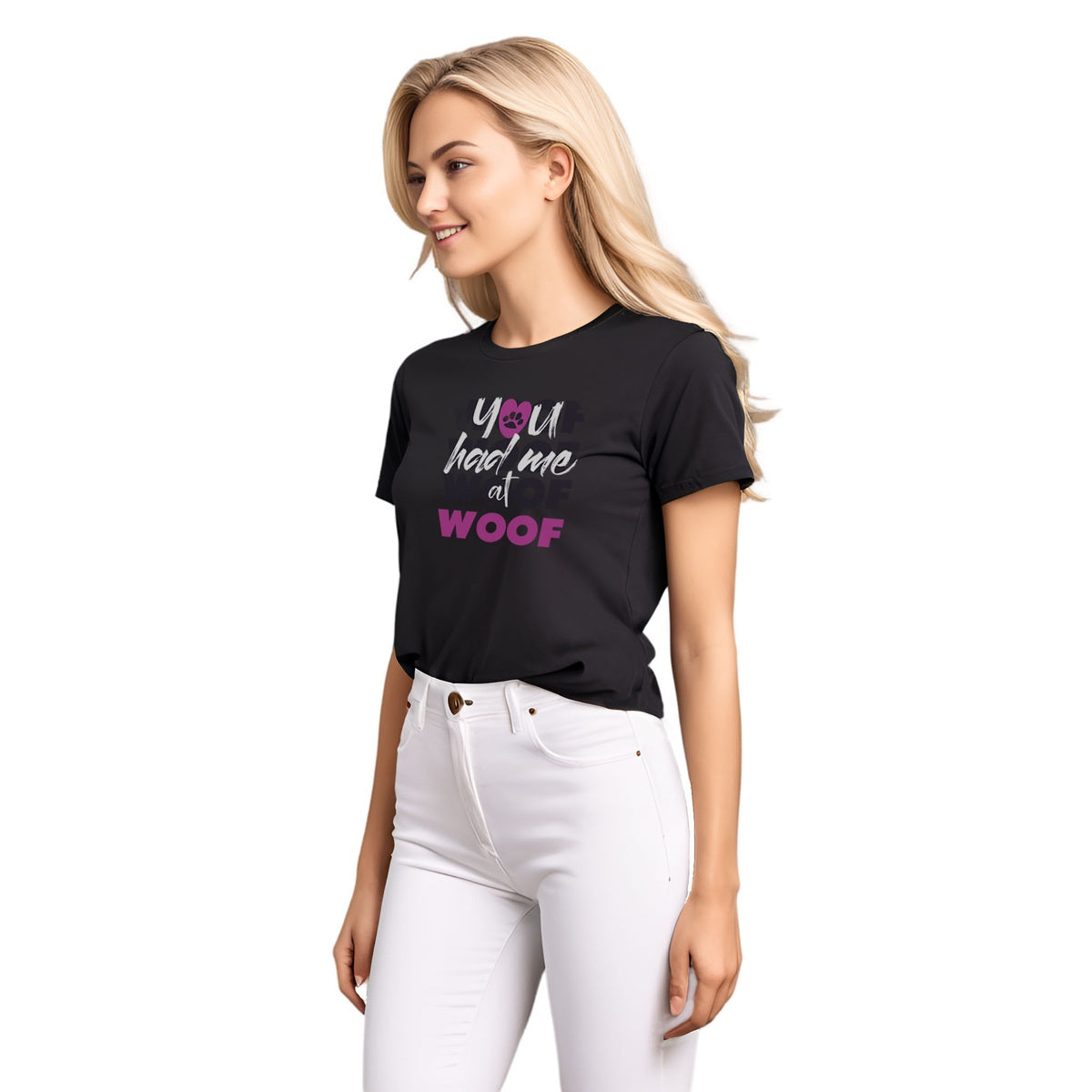 Black crew neck short sleeved t-shirt, feature a graphic classic quote ”you had me at woof” a cross chest. Female model shown in close-up to highlight print and fit.