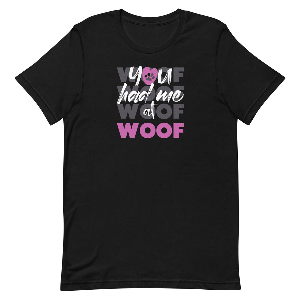 Black crew neck short sleeved t-shirt flat lay, feature a graphic classic quote ”you had me at woof” a cross chest.