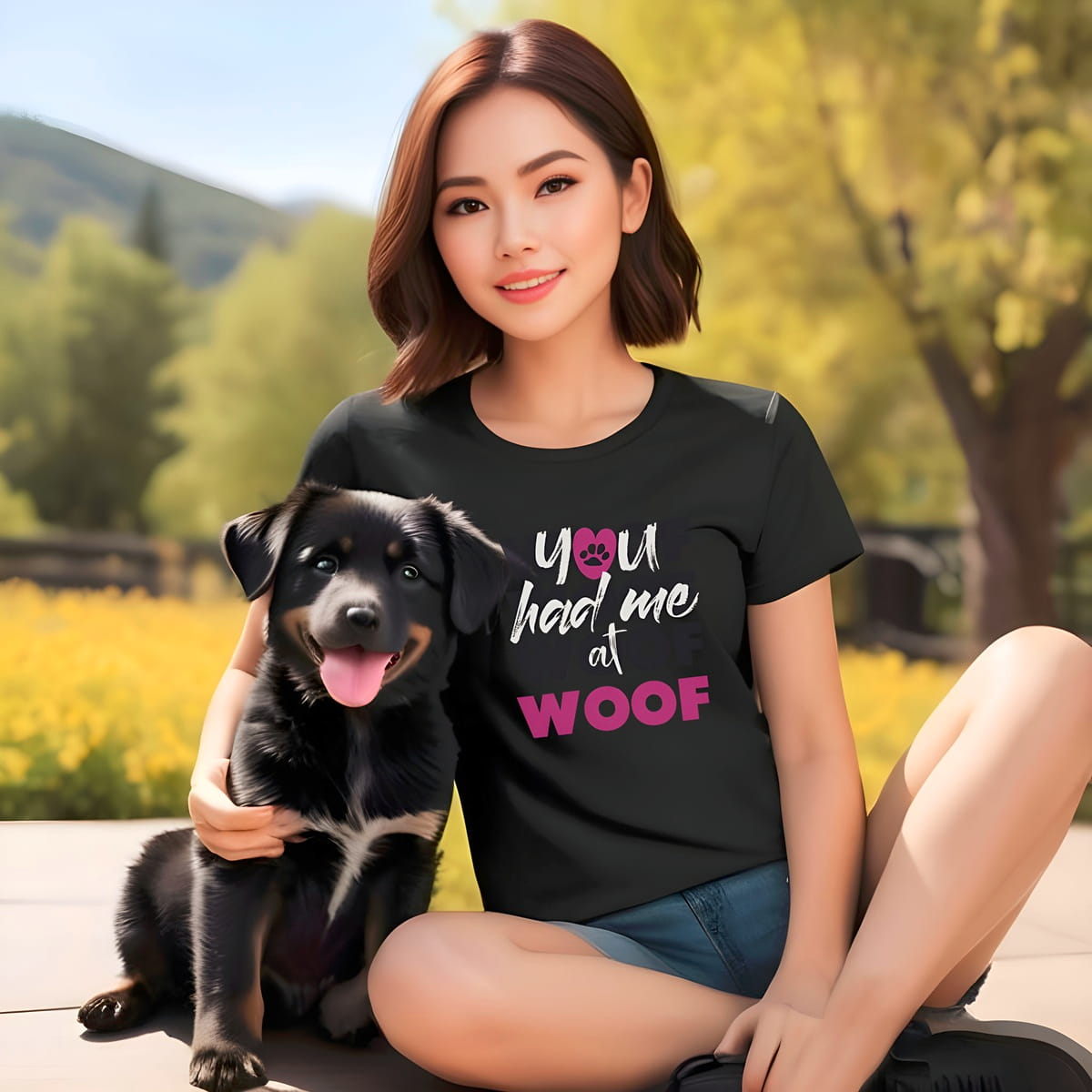 Woman sitting outside with a black dog sitting close to her, she is wearing a Black crew neck short sleeved t-shirt, feature a graphic classic quote ”you had me at woof” across chest.