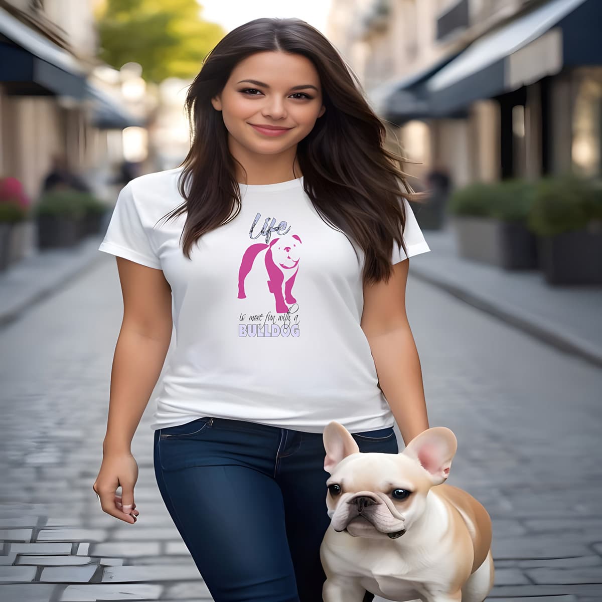 Women walking with a french bulldog, on a pedestrian street. She is wearing a
White crew neck short sleeved t-shirt. Featuring a silhouette Bulldog in vibrant pink, and quote with humor "life is more fun with a Bulldog".