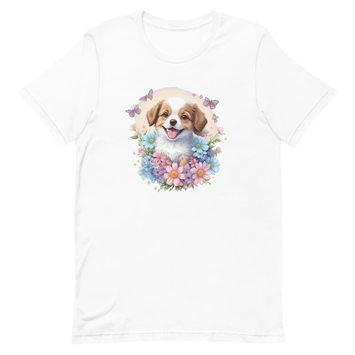White crew neck short sleeved t-shirt, feature a happy Spaniel puppy, nestle in vibrant colorful floral canine charm.