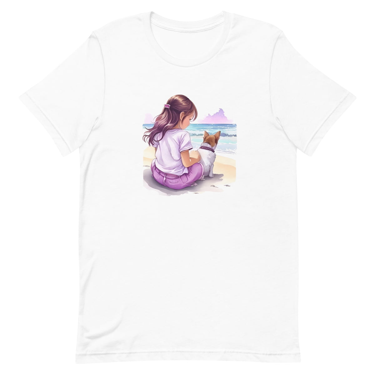 White crew neck short sleeved t-shirt, portraying a girl and her spirited pup basking in beach side, a lively hand-drawn illustration, a harmonious blend of dark reds, purples, and pinks.