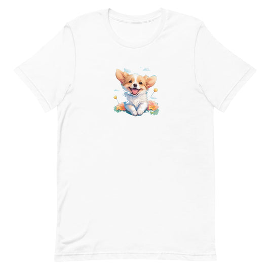 White crew neck short sleeved t-shirt, feature a graphic vibrant colorful hand-drawn happy Corgi puppy nestled amidst of flowers