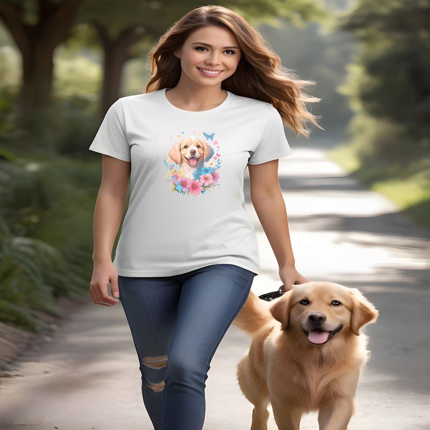 T-shirt Golden Retriever Puppy Floral Charm