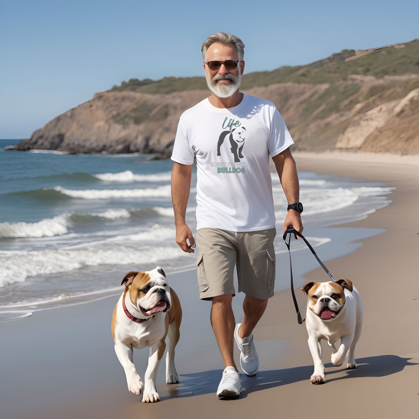 White crew neck short sleeved t-shirt, feature a graphic vibrant colorful hand-drawn standing Bulldog Puppy, man beach dogs.
