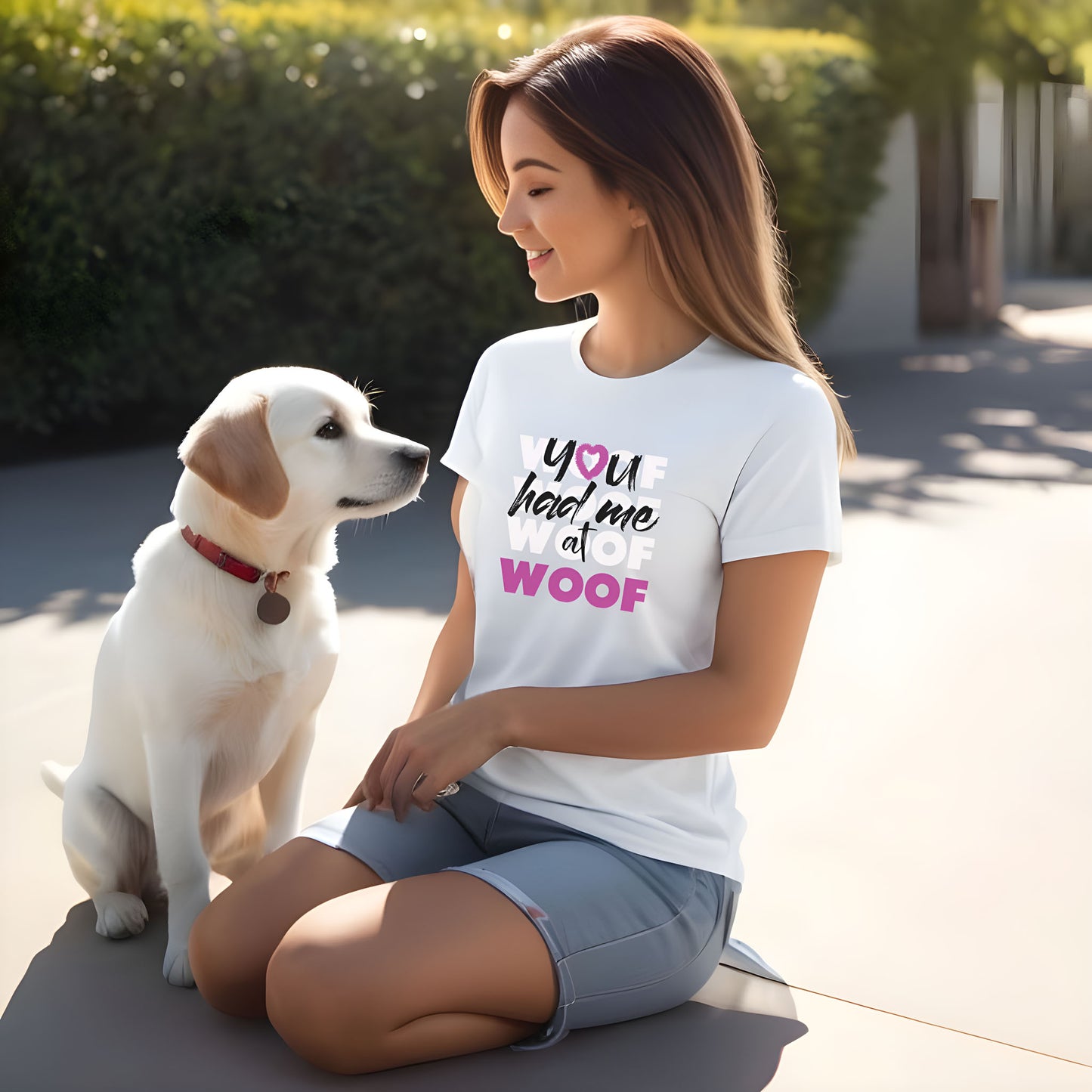 Woman sitting outside wearing white crew neck short sleeved t-shirt, feature a graphic classic quote ”you had me at woof” across chest, white looking at her dog.
