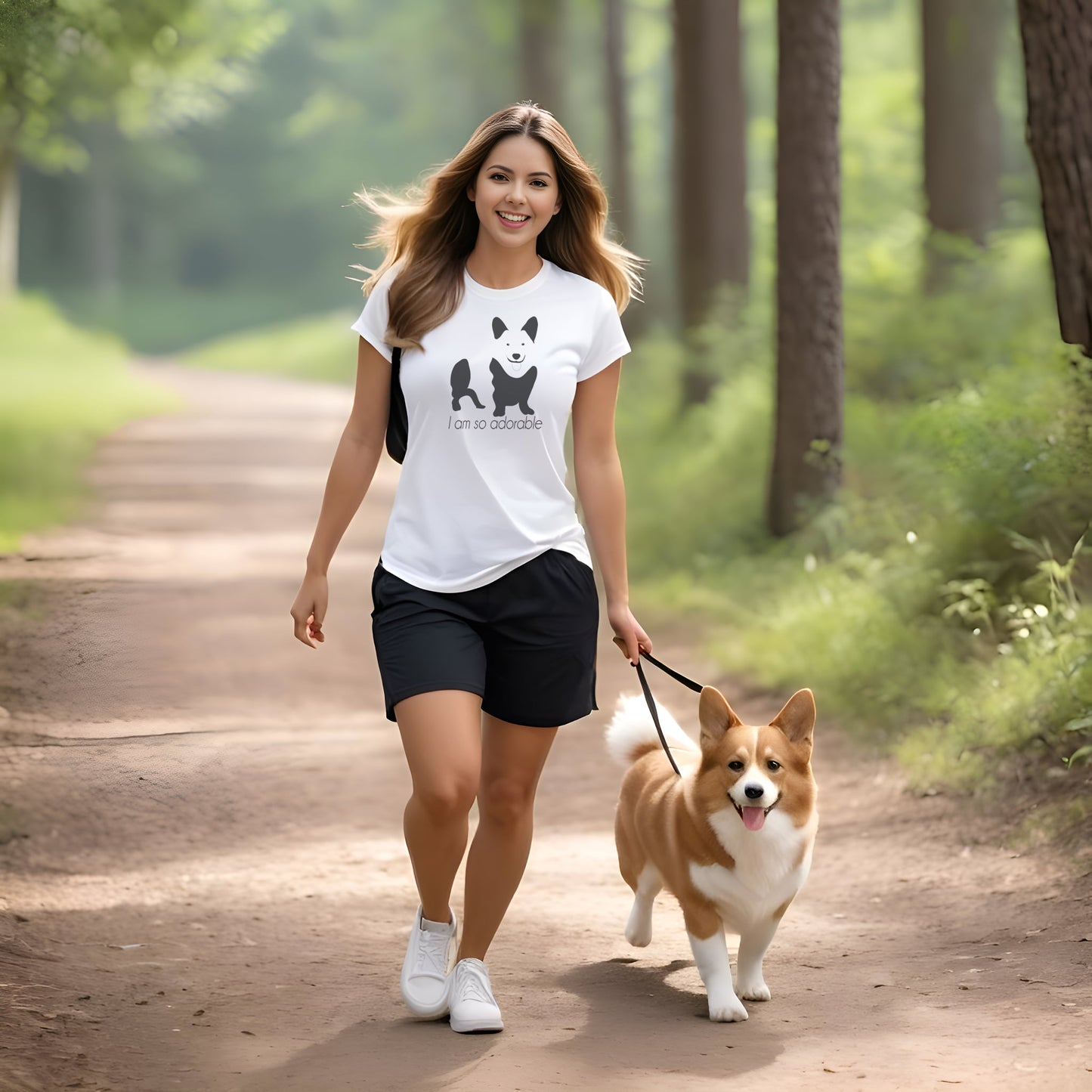 Women walking in forest with a corgi, in leash, wearing a white crew neck short sleeved t-shirt, feature a graphic black/white hand-drawn corgi standing dog with quote " i am so adorable".
