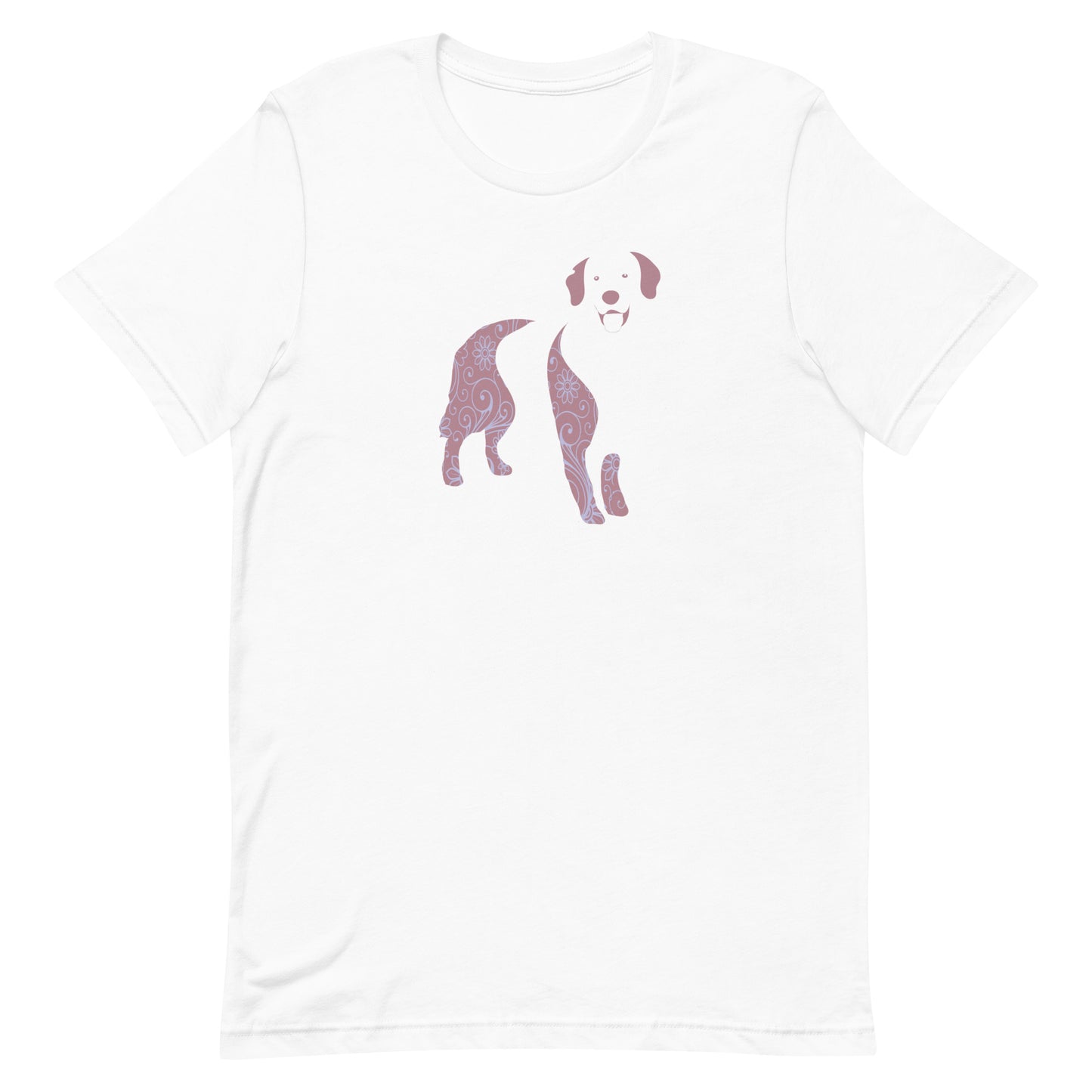 White crew neck short sleeved t-shirt, feature a Golden Retriever silhouette with floral and swirl pattern design in vibrant colors.