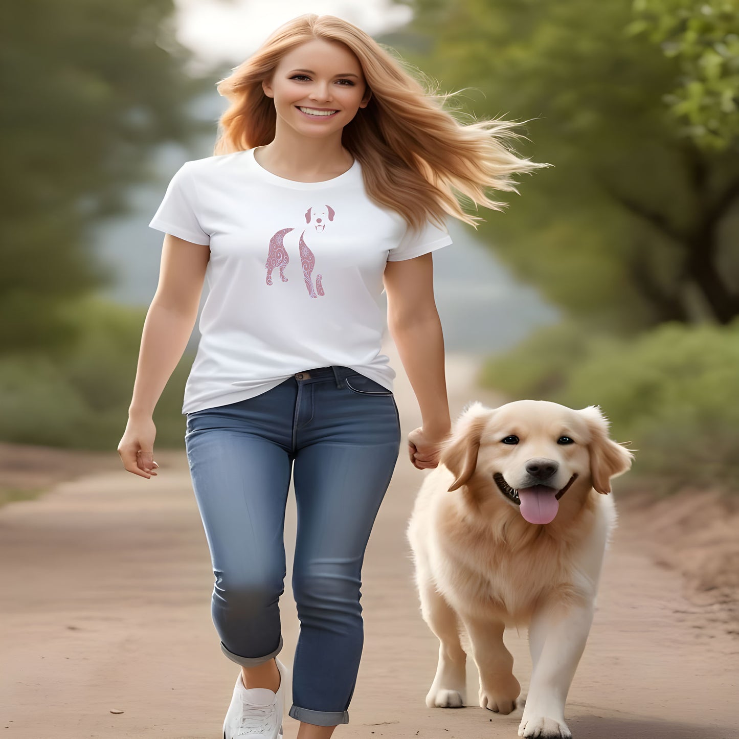 Women walking in the country side, with a happy tongue out golden retriever. She is wearing a white crew neck short sleeved t-shirt, feature a Golden Retriever silhouette with floral and swirl pattern design in vibrant colors.