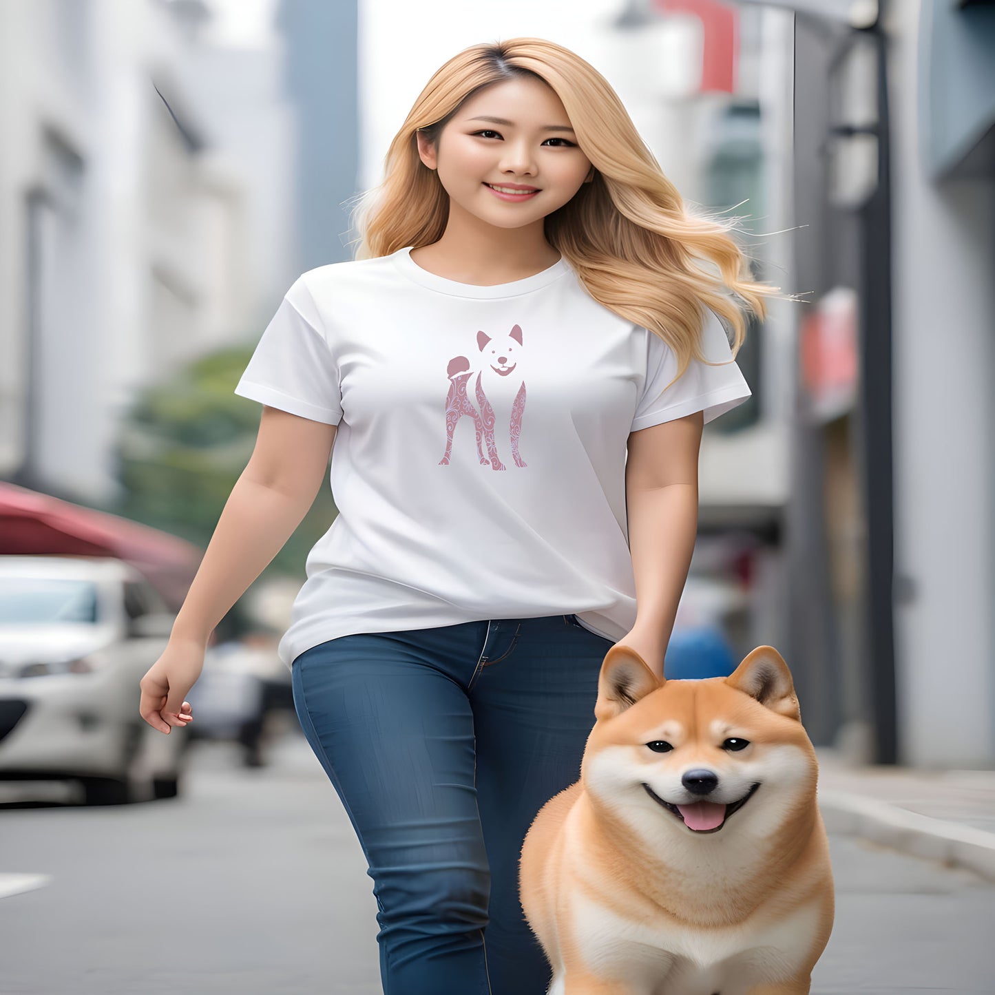 Young women walking in a city, with a Shiba Inu. She is wearing a White crew neck short sleeved t-shirt. features a charming bulldog silhouette with floral and swirl pattern design.